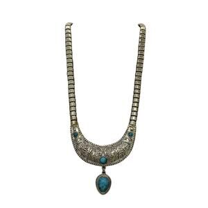 VTG Fashion 20" Silver Metal Link Necklace Turquoise Colored Stones Drop Pendant